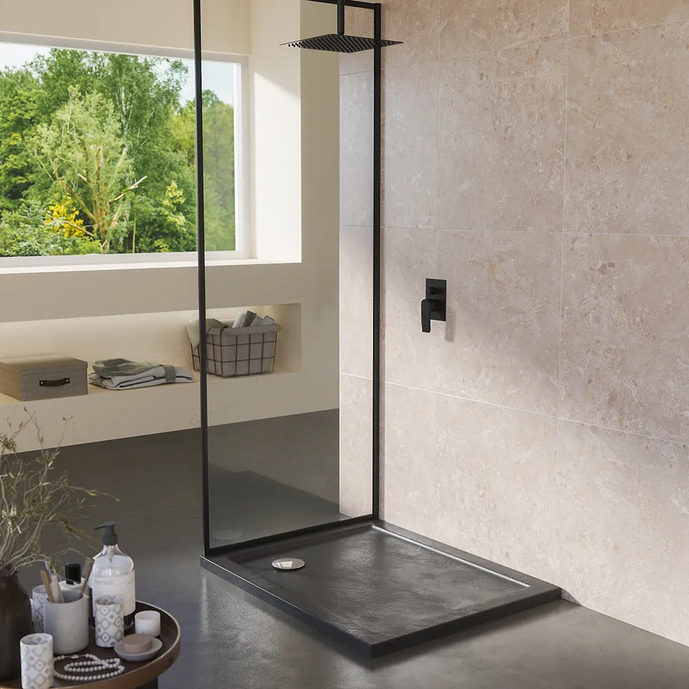 Piatto doccia 80x110 effetto pietra nero in acrilico altezza slim | Petra Piatto doccia 80x110 effetto pietra nero in acrilico altezza slim | Petra