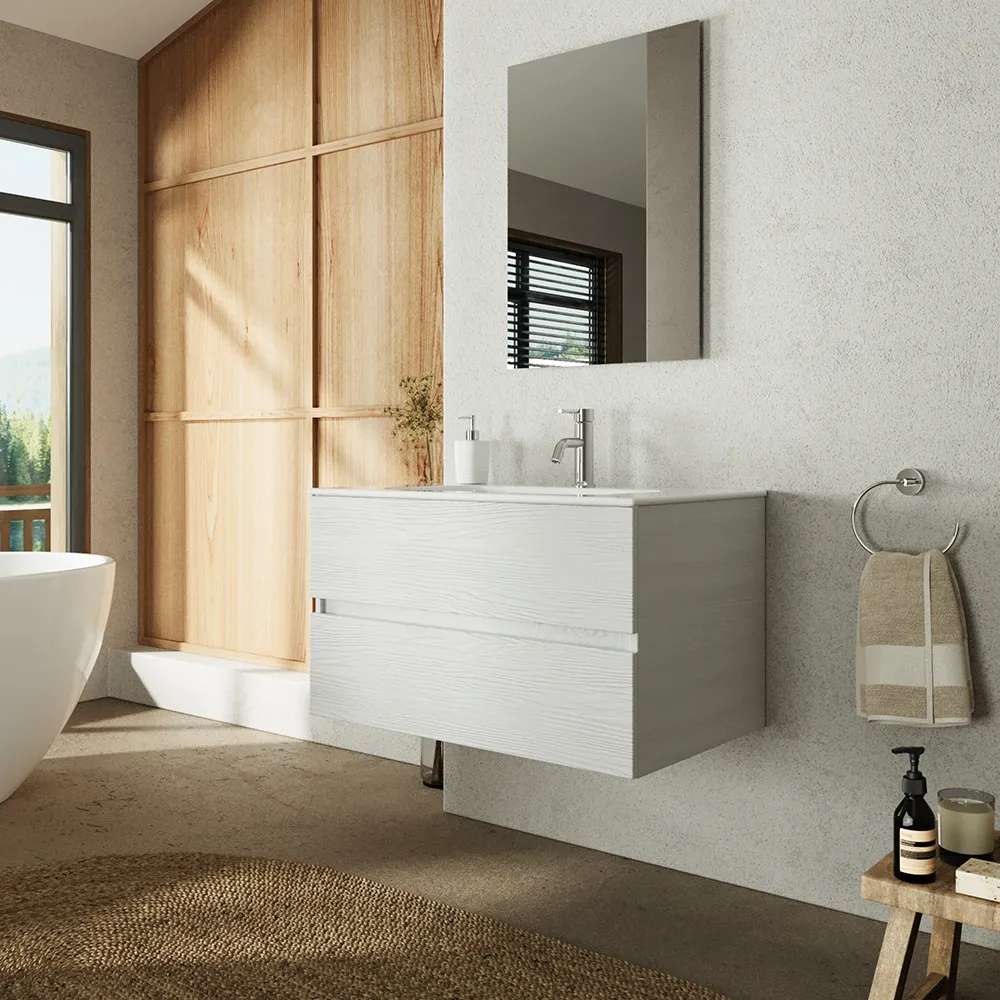 Mobile da bagno sospeso 80 cm bianco effetto legno con lavabo e specchio | Yili Mobile da bagno sospeso 80 cm bianco effetto legno con lavabo e specchio | Yili