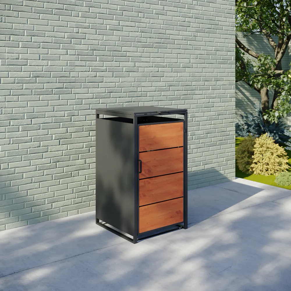 Copri bidoni 1 cassonetto 120L 58x60x105cm in acciaio zincato profili neri con pannelli effetto legno | Kubo