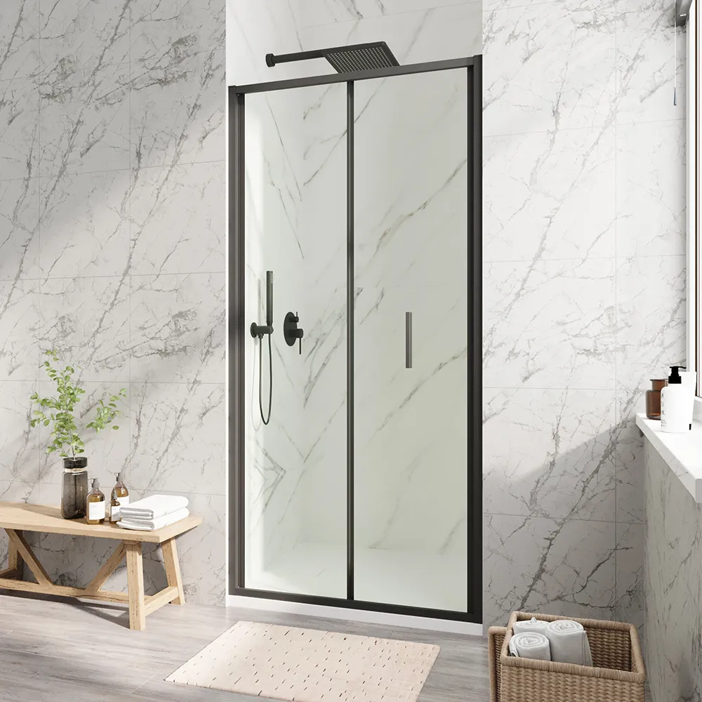 Porta doccia 90cm con apertura a libro profili slim nero opaco vetro 6mm trasparente h190 | Portofino Porta doccia 90cm con apertura a libro profili slim nero opaco vetro 6mm trasparente h190 | Portofino