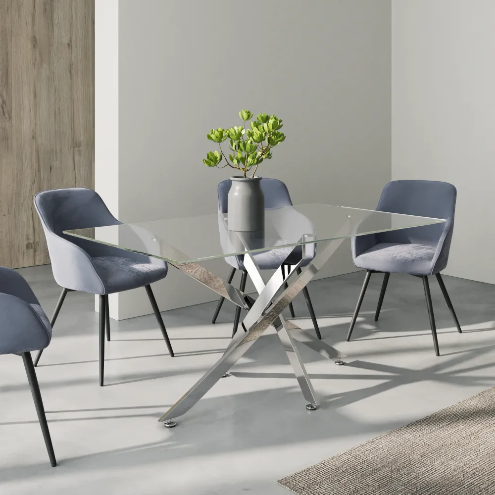 Tavolo rettangolare 160x90cm top in vetro temperato trasparente 10mm e gambe incrociate in acciaio cromato | Harald