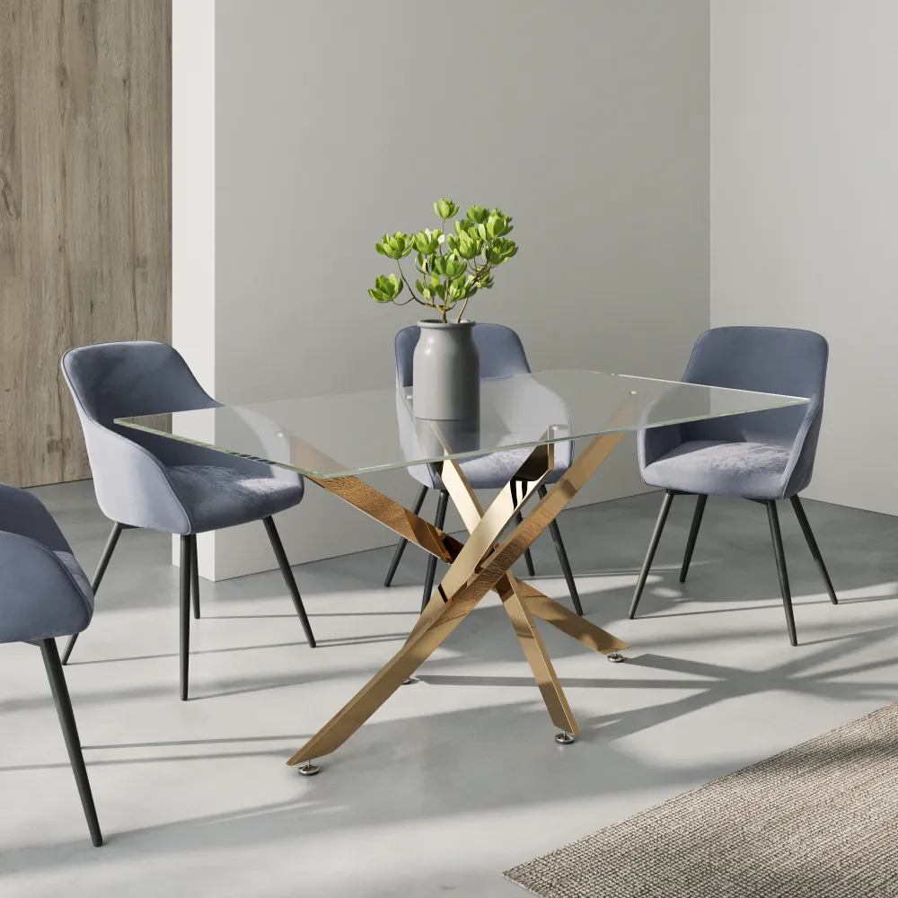Tavolo rettangolare 160x90cm top in vetro temperato trasparente 10mm e gambe incrociate in acciaio dorato | Harald