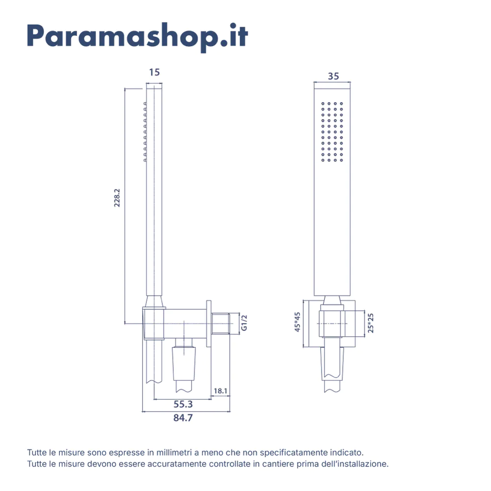 Kit doccia quadrato cromato: doccino, flessibile 150cm e presa acqua con supporto Kit doccia quadrato cromato: doccino, flessibile 150cm e presa acqua con supporto