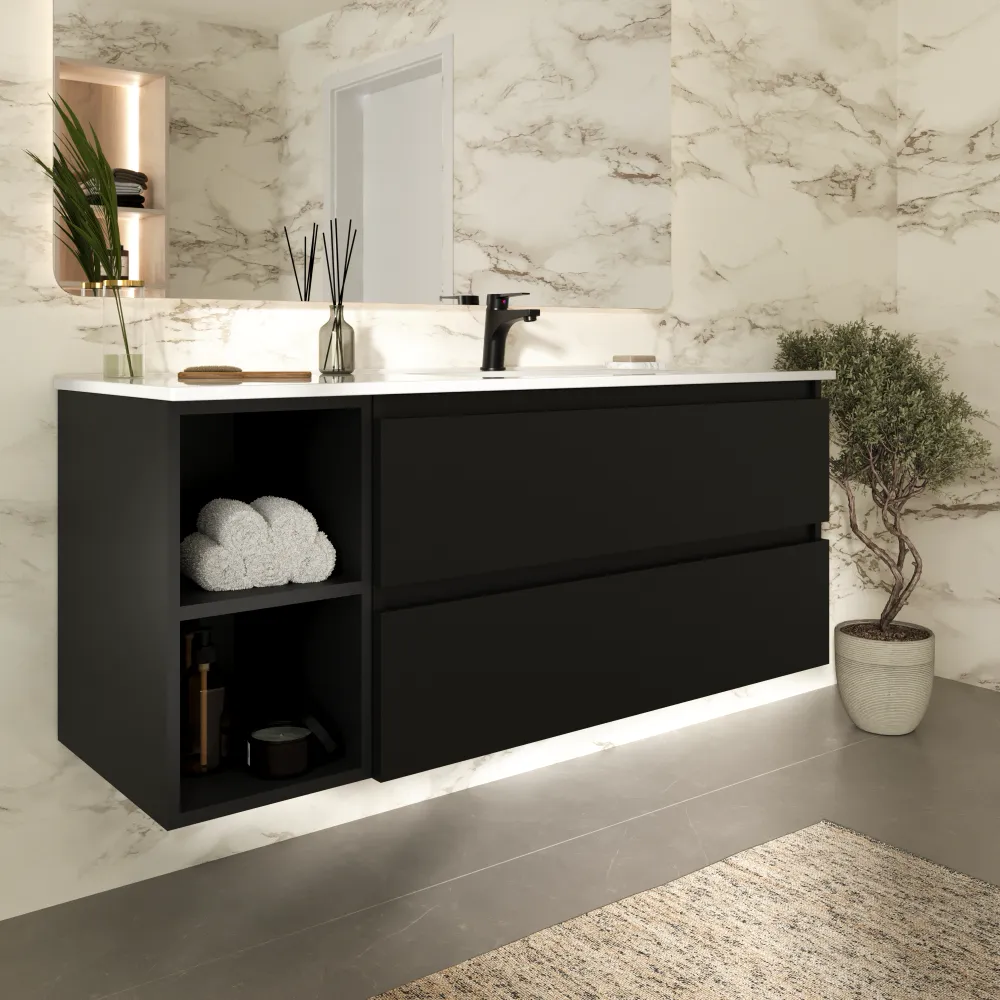 Mobile bagno sospeso 100cm due cassetti nero opaco con con lavabo destro e vano a giorno | Hexa Mobile bagno sospeso 100cm due cassetti nero opaco con con lavabo destro e vano a giorno | Hexa