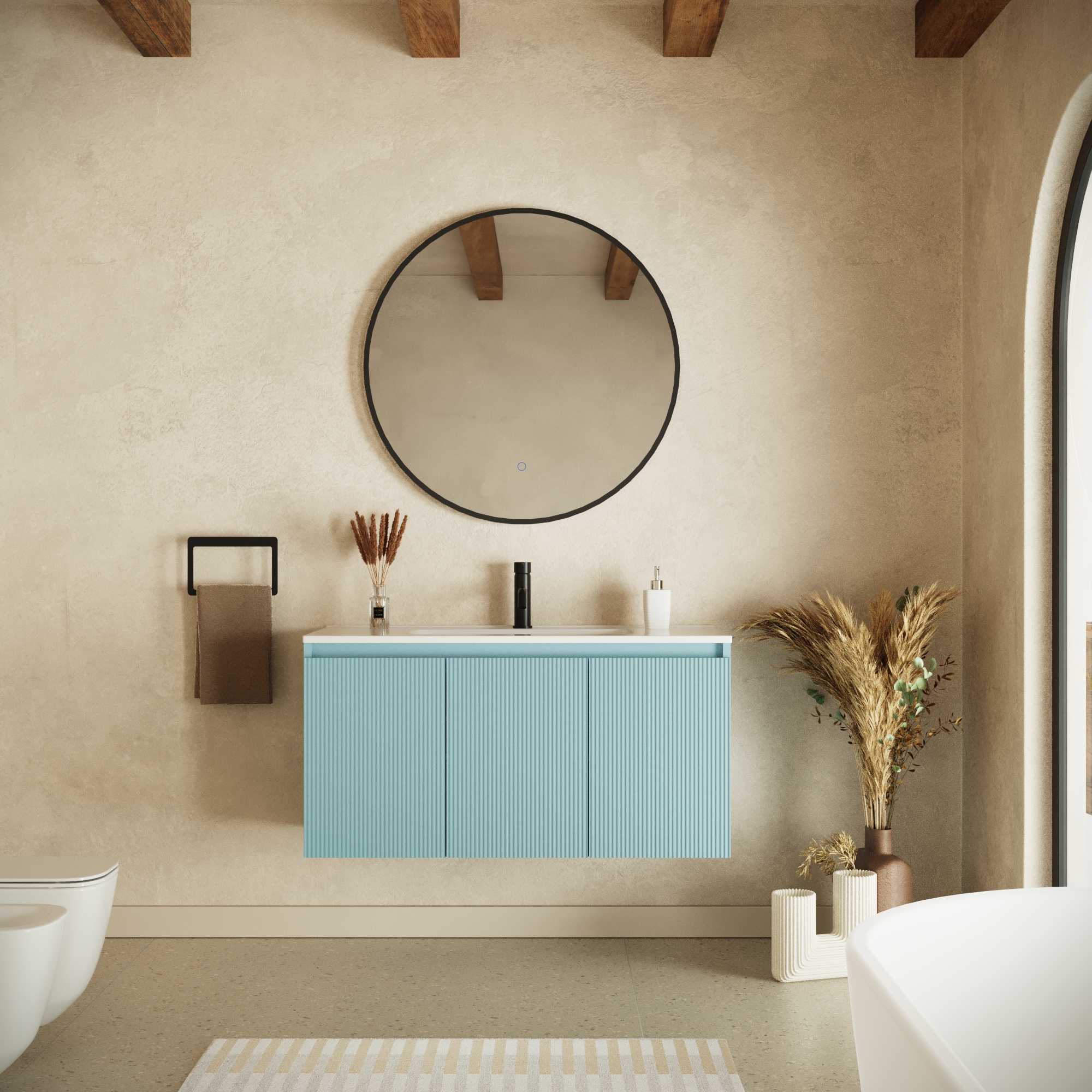 Mobile bagno sospeso 100cm tre ante carta da zucchero cannettato con lavabo | Pelion