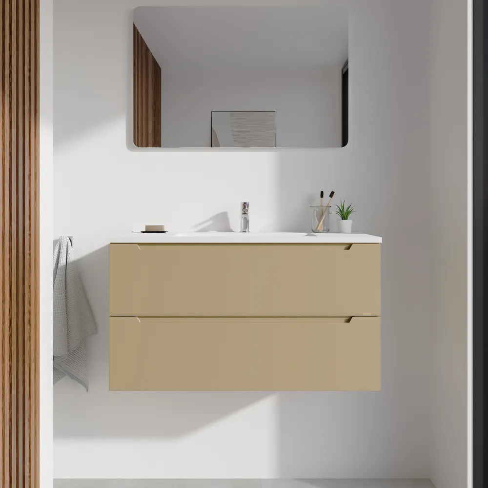 Mobile bagno sospeso 90cm sabbia opaco due cassetti soft-close con lavabo bianco opaco | Bako