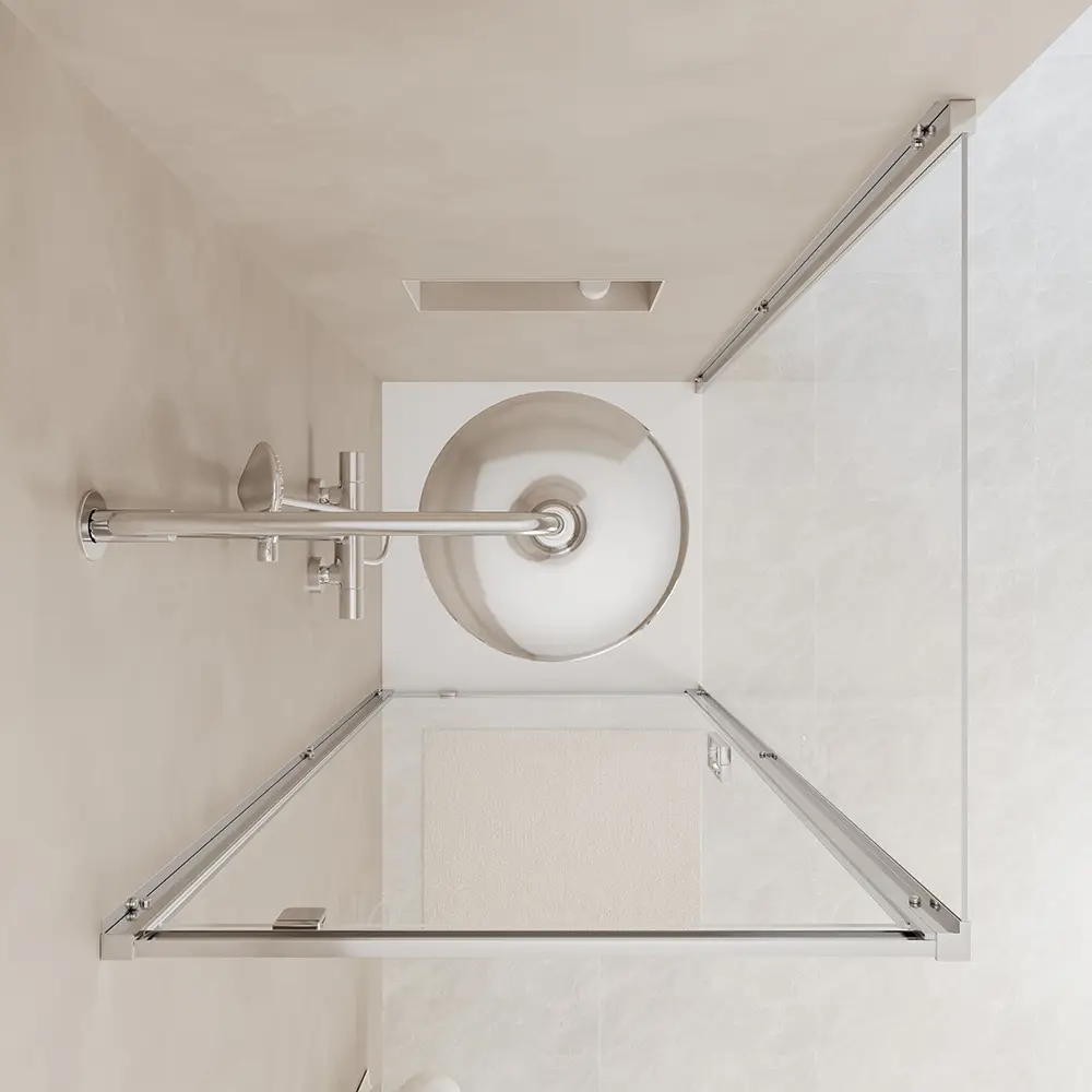 Vista superiore box doccia angolare con porta a battente e parete fissa mod. Apulia vetro trasparente Vista superiore box doccia angolare con porta a battente e parete fissa mod. Apulia vetro trasparente