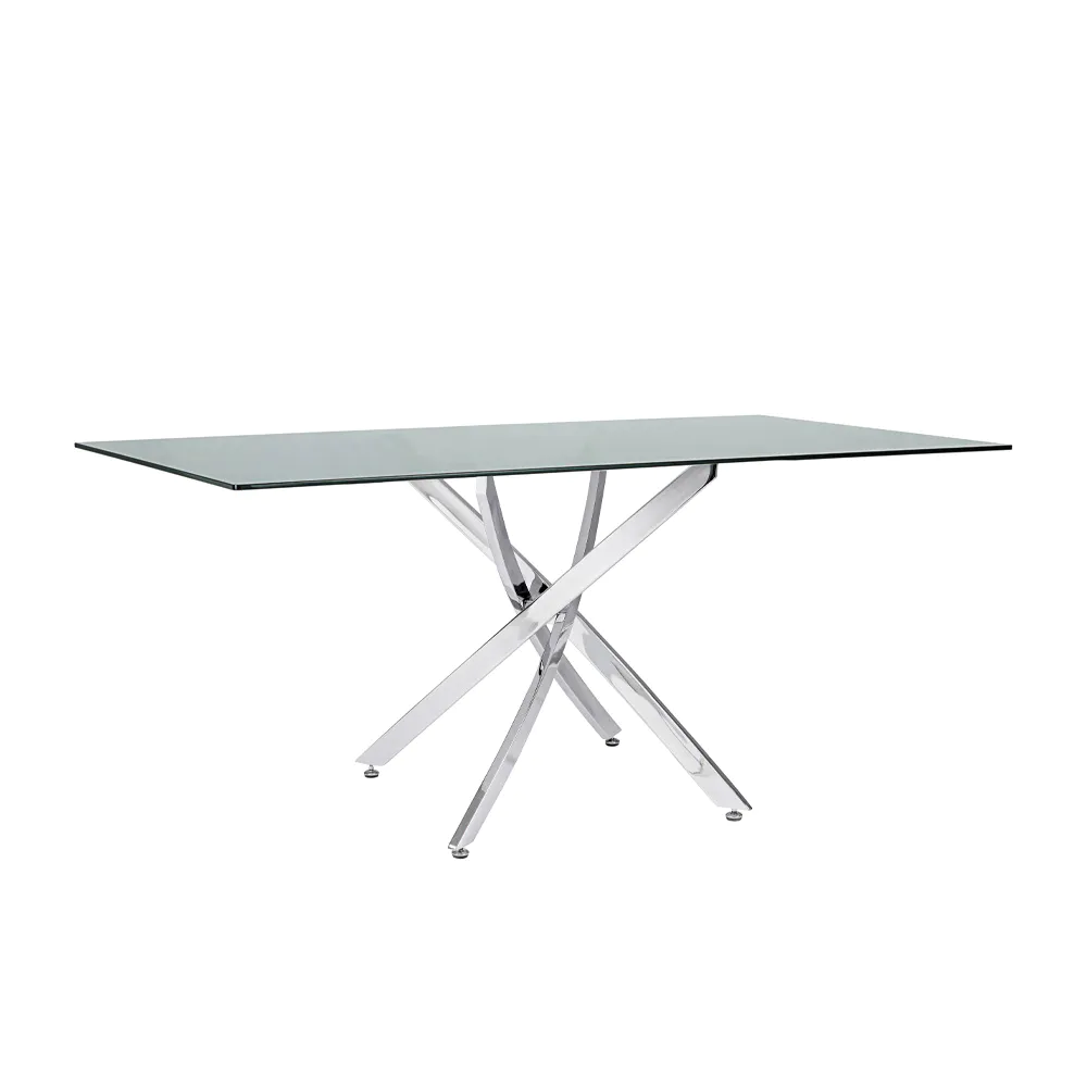 Tavolo rettangolare 160x90cm con top in vetro 8mm fumè e gambe incrociate in acciaio cromato | George