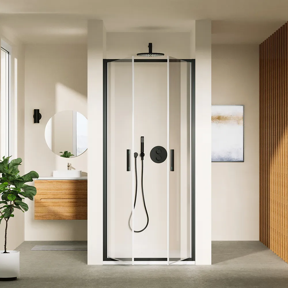 Porta doccia 100cm con apertura saloon profili slim nero opaco vetro 6mm trasparente h190 | Portofino Porta doccia 100cm con apertura saloon profili slim nero opaco vetro 6mm trasparente h190 | Portofino