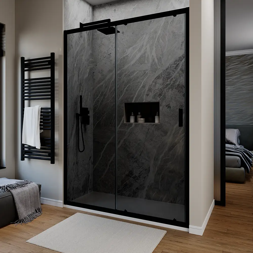 Porta doccia per nicchia mod. Sicily con profili alluminio nero e vetro temperato fume - 1 Porta doccia per nicchia mod. Sicily con profili alluminio nero e vetro temperato fume - 1