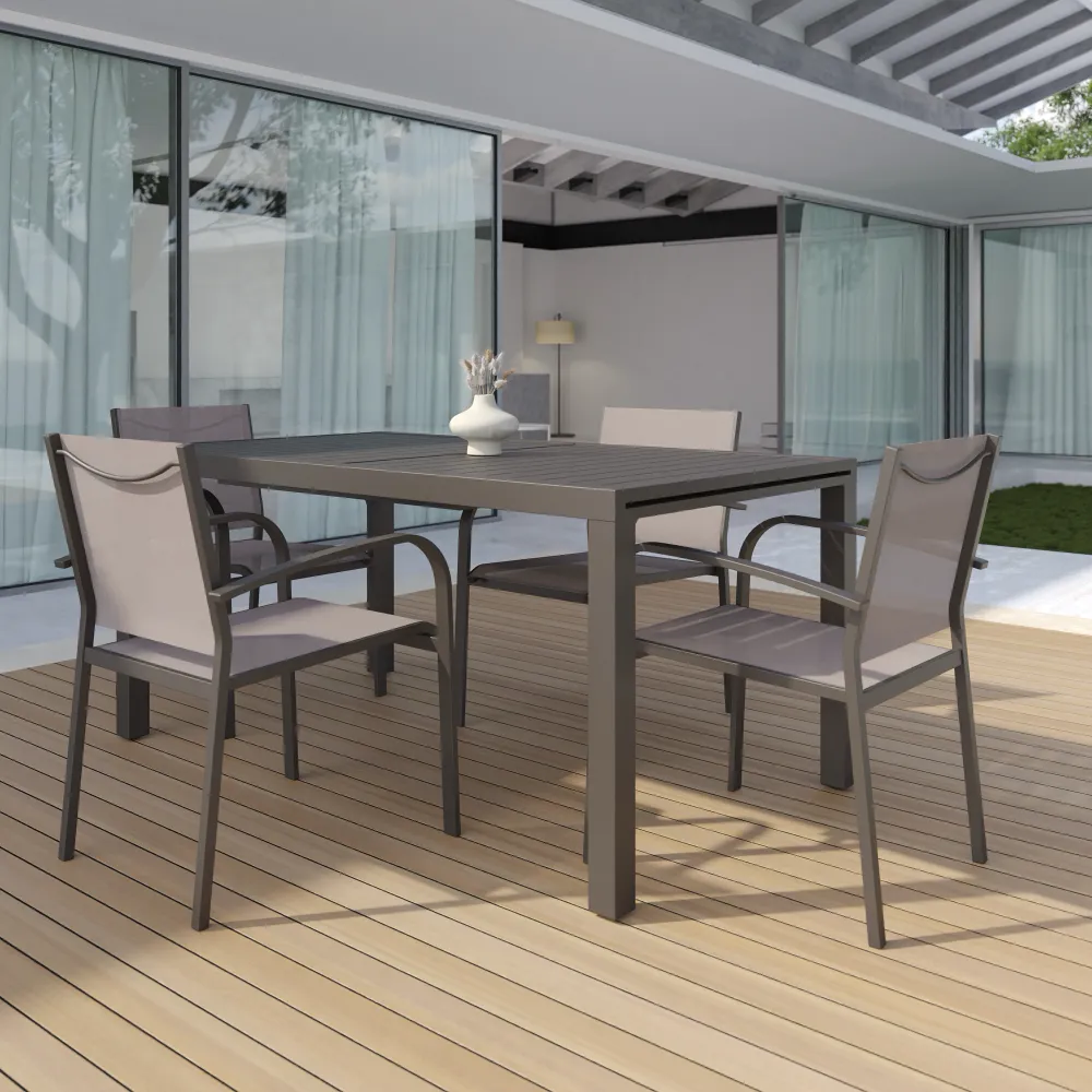 Set da esterno tortora con tavolo allungabile 160/240x75cm e 4 sedie in alluminio e textilene con braccioli tondi | Marel Set da esterno tortora con tavolo allungabile 160/240x75cm e 4 sedie in alluminio e textilene con braccioli tondi | Marel