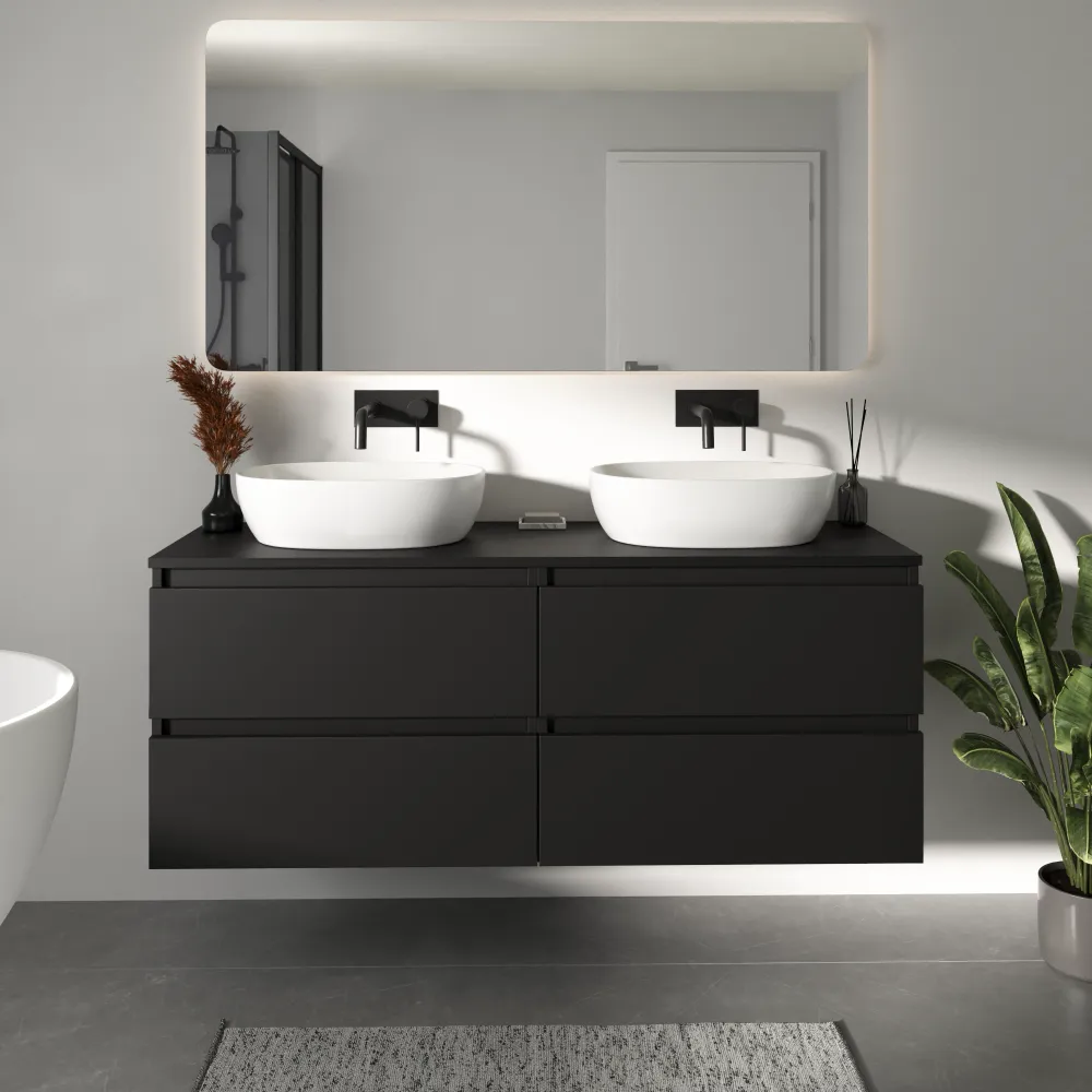 Mobile bagno sospeso 140cm due cassetti nero opaco con top | Hexa Mobile bagno sospeso 140cm due cassetti nero opaco con top | Hexa