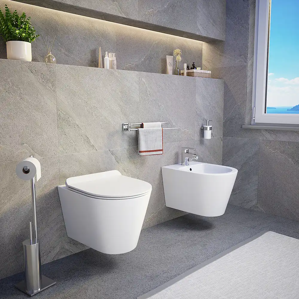 Sanitari sospesi in ceramica bianco lucido vaso rimless sedile soft-close e bidet | Barcellona Sanitari sospesi in ceramica bianco lucido vaso rimless sedile soft-close e bidet | Barcellona