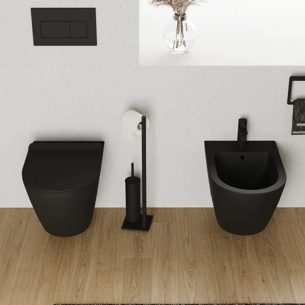 Sanitari sospesi in ceramica nero opaco vaso tornado silent flush sedile soft-close e bidet | Sydney