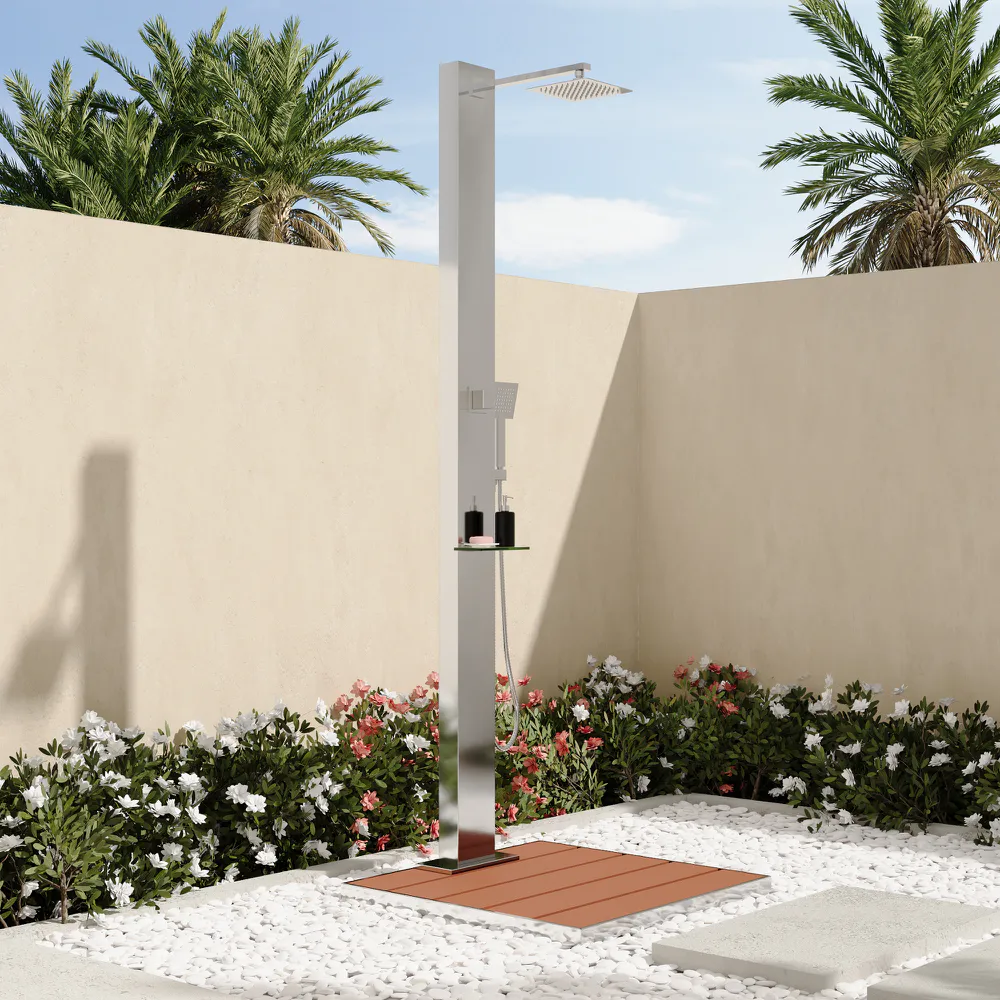 Colonna doccia da esterno cromato 2 funzioni con base in plastica effetto legno | Olmo Colonna doccia da esterno cromato 2 funzioni con base in plastica effetto legno | Olmo