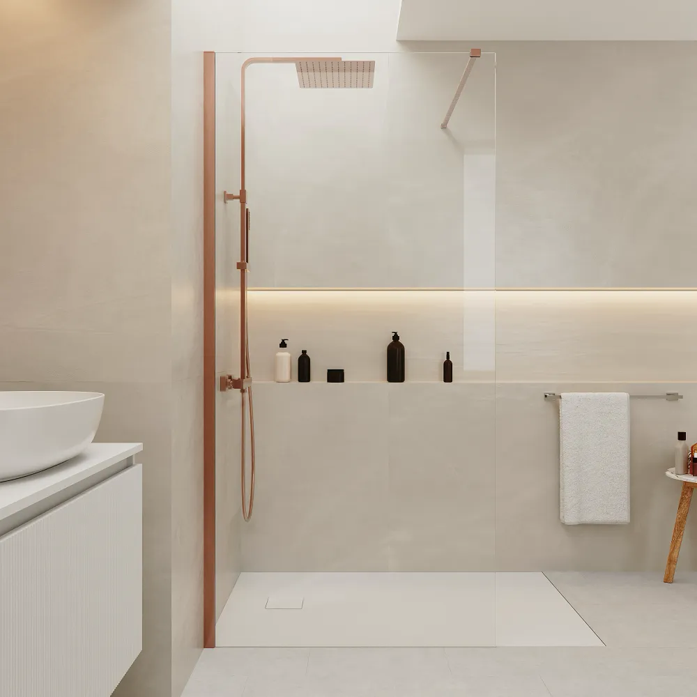 Doccia walk-in 120 cm vetro 8mm anticalcare h200 profilo rame spazzolato | Keros Doccia walk-in 120 cm vetro 8mm anticalcare h200 profilo rame spazzolato | Keros