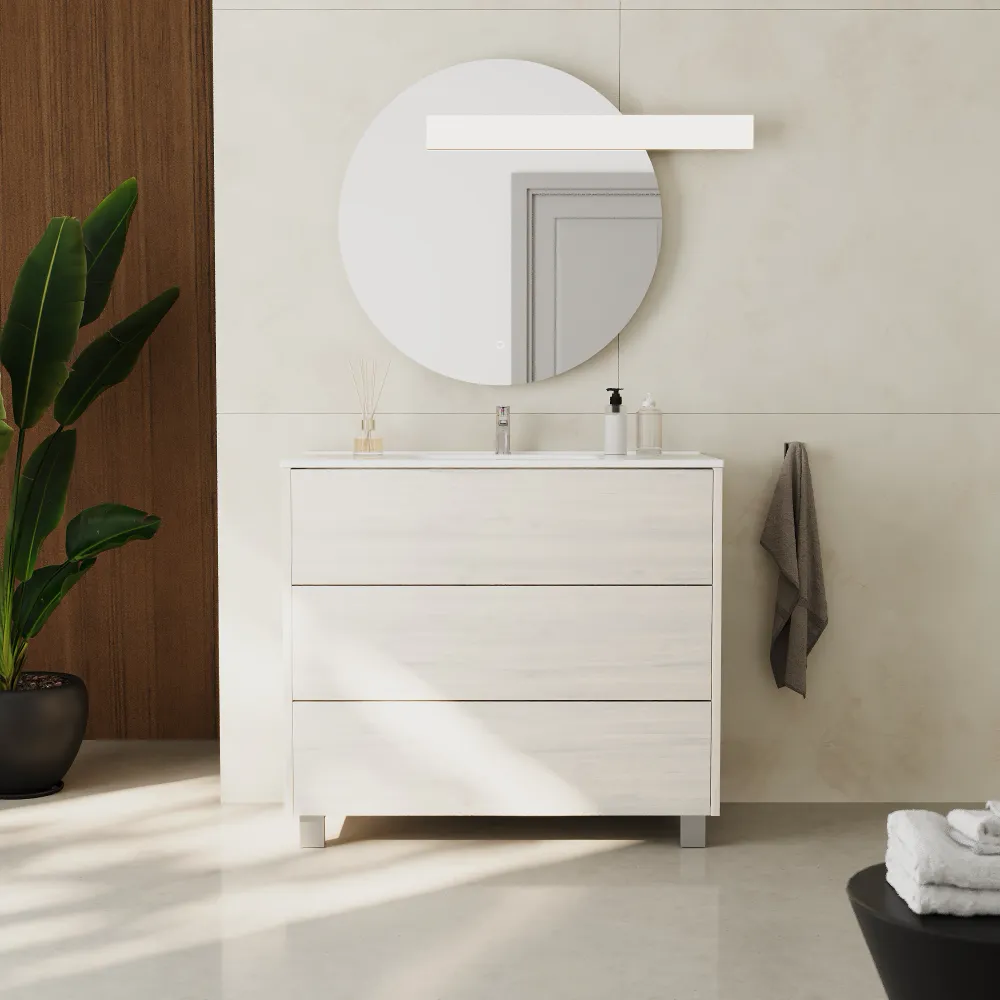 Mobile bagno a terra 100cm tre cassetti push&pull frassino con lavabo bianco lucido | Yaku