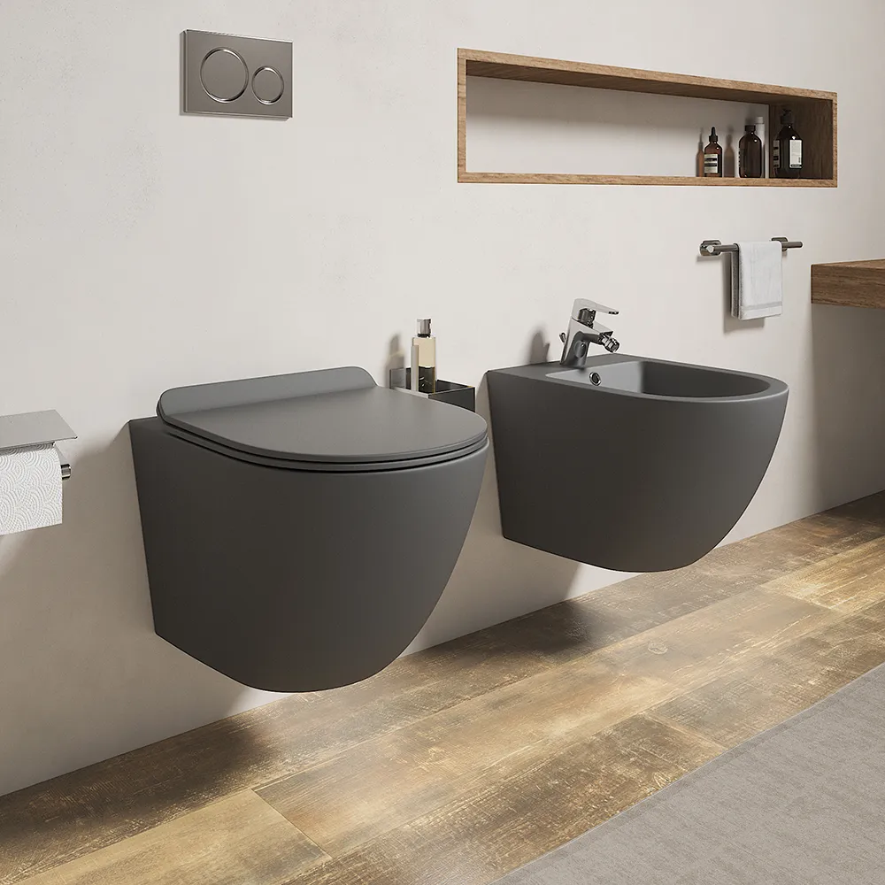 Sanitari sospesi in ceramica grigio opaco rimless sedile con chiusura rallentata | Parigi Sanitari sospesi in ceramica grigio opaco rimless sedile con chiusura rallentata | Parigi