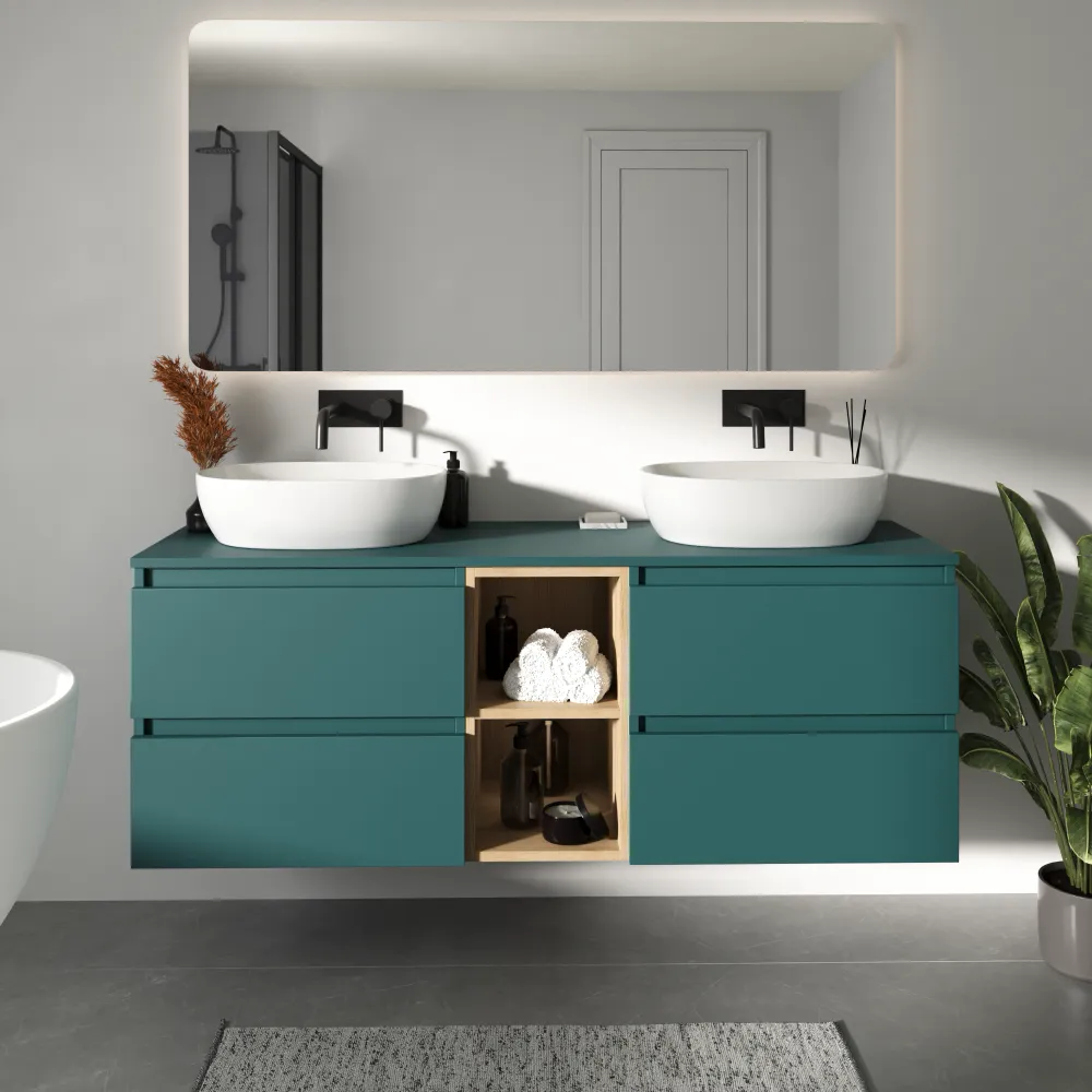Mobile bagno sospeso 150cm quattro cassetti con top petol e vano a giorno rovere chiaro | Hexa