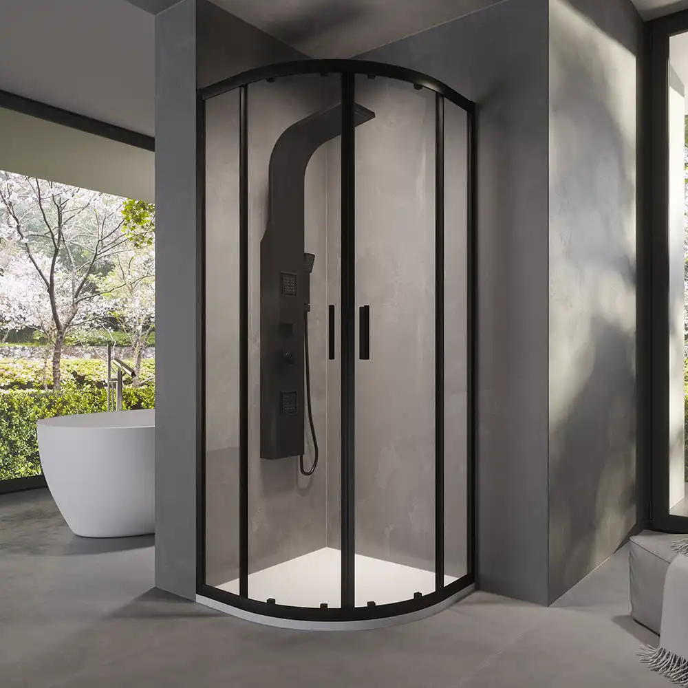 Box doccia 80x80 cm semicircolare doppio scorrevole profili neri vetro trasparente h190 | Java Box doccia 80x80 cm semicircolare doppio scorrevole profili neri vetro trasparente h190 | Java