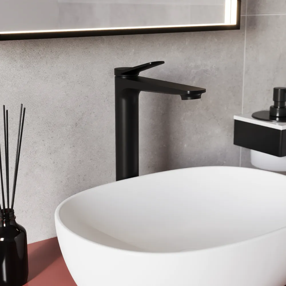 Set miscelatori: lavabo alto bidet senza scarico ed esterno vasca a muro nero opaco | Anne Set miscelatori: lavabo alto bidet senza scarico ed esterno vasca a muro nero opaco | Anne