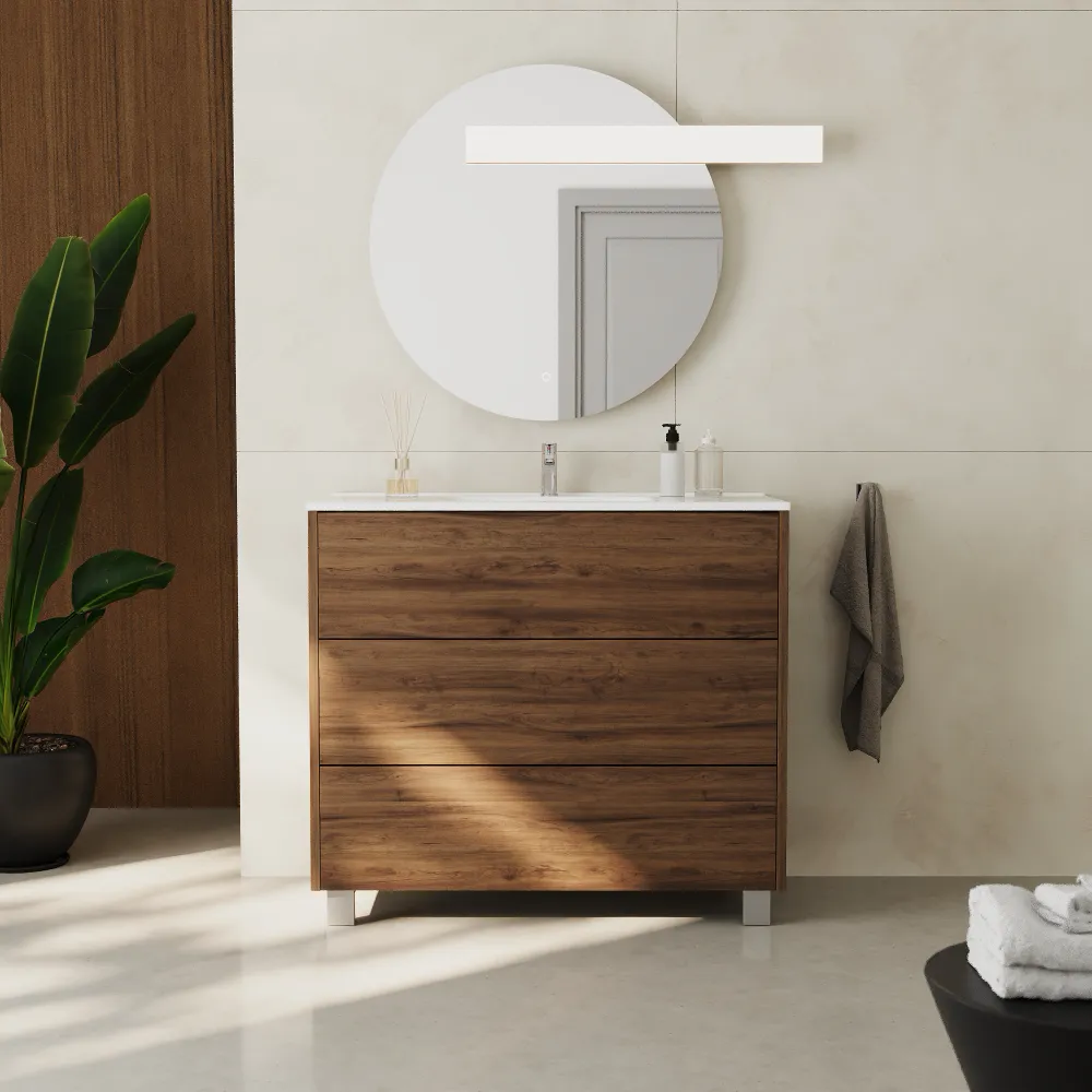 Mobile bagno a terra 100cm tre cassetti push&pull rovere barok con lavabo bianco lucido | Yaku