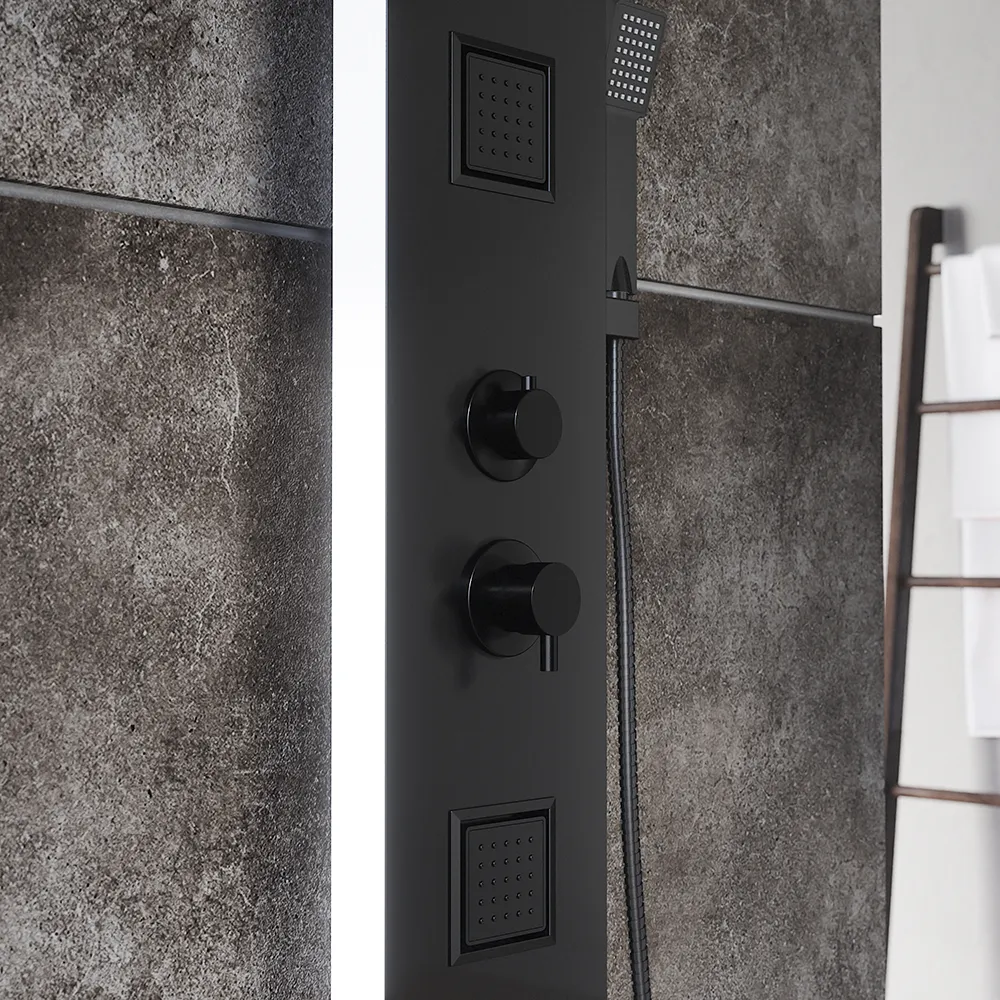 Pannello doccia in alluminio nero e back bianco con doccino, 4 funzioni | Tago Pannello doccia in alluminio nero e back bianco con doccino, 4 funzioni | Tago