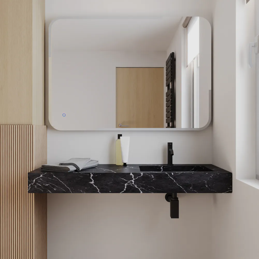 Lavabo sospeso con vasca a destra in hpl 120cm effetto marmo scuro | Ledro