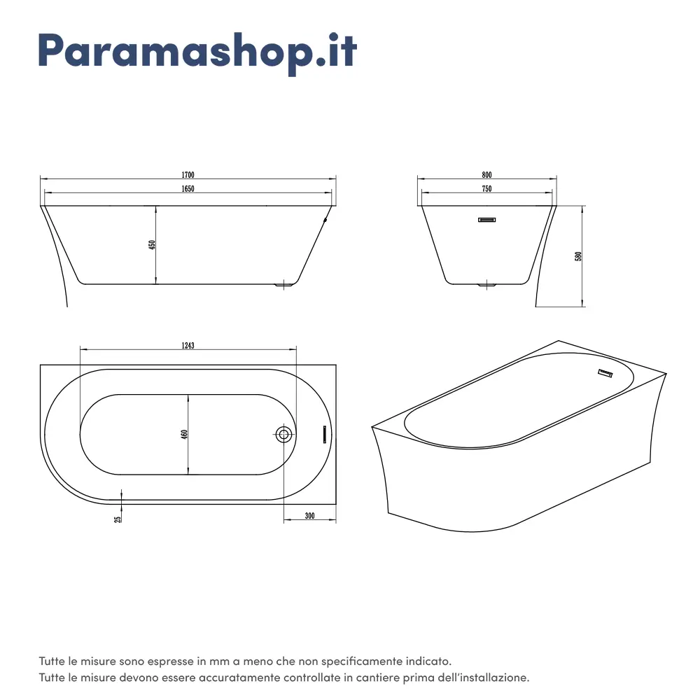 Scheda tecnica vasca da bagno mod. Olimpia angolo destro - Parama Scheda tecnica vasca da bagno mod. Olimpia angolo destro - Parama