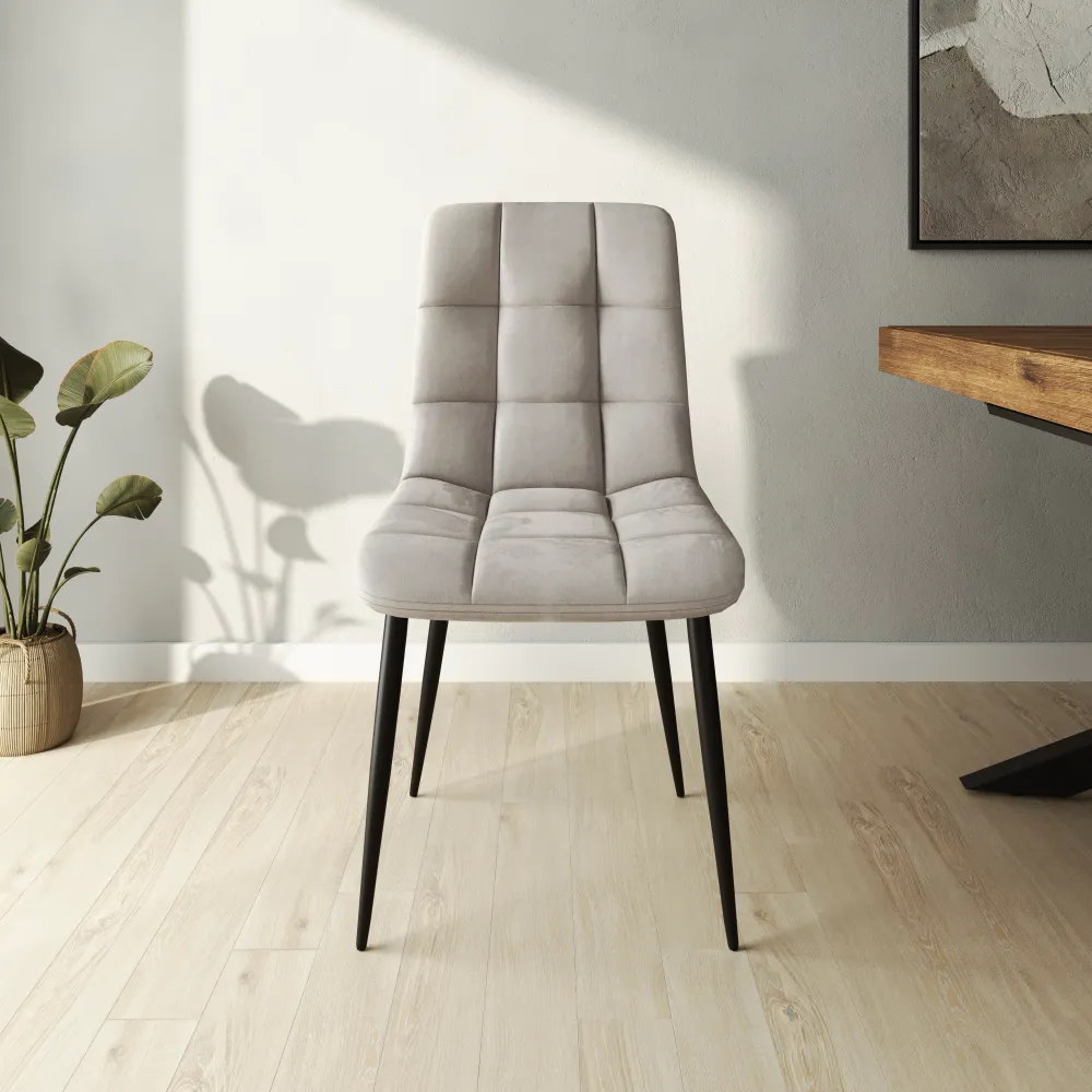 Set 4 sedie seduta in velluto grigio tortora trapuntata e gambe in acciaio nero | Asia