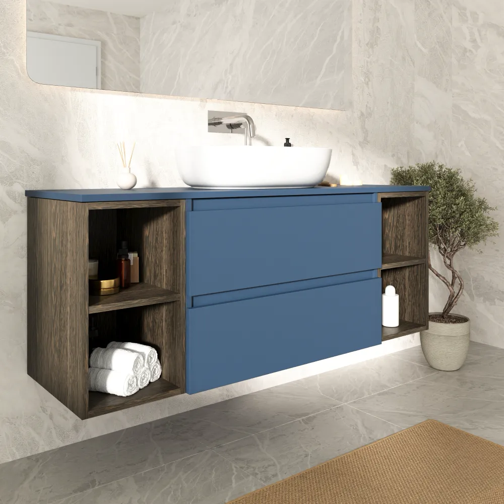 Mobile bagno sospeso 140cm due cassetti con top alby blue e due vani a giorno rovere vintage wenge | Hexa Mobile bagno sospeso 140cm due cassetti con top alby blue e due vani a giorno rovere vintage wenge | Hexa