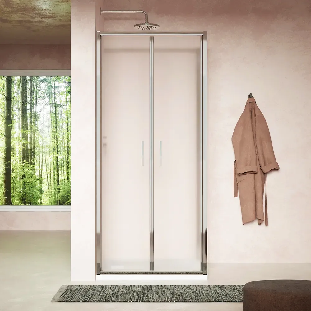 Box doccia slim 80x80cm con porta saloon e parete fissa profili cromati e vetro 6mm opaco h190| Portofino Box doccia slim 80x80cm con porta saloon e parete fissa profili cromati e vetro 6mm opaco h190| Portofino