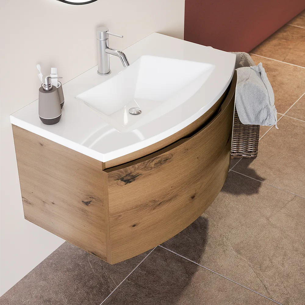 Mobile sospeso 100 cm rovere oro con un cassetto e lavabo in ceramica, frontale curvo | Lula Mobile sospeso 100 cm rovere oro con un cassetto e lavabo in ceramica, frontale curvo | Lula