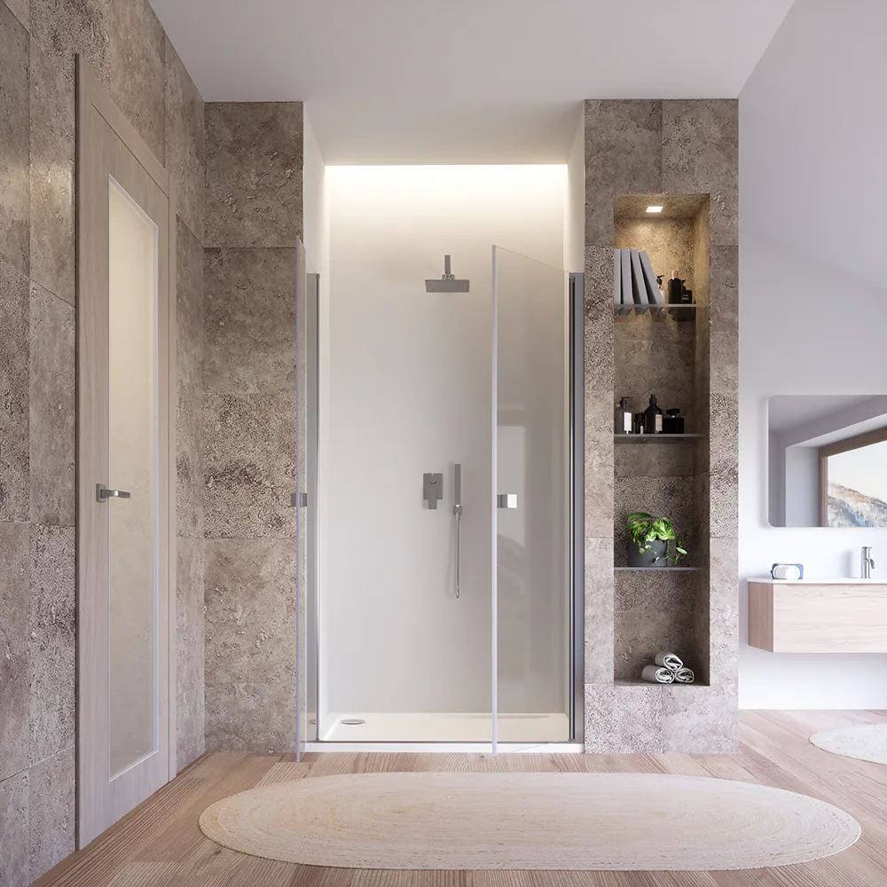 Porta doccia 90cm apertura saloon con profili cromati e vetro da 8mm trasparente h195 | Fiji Porta doccia 90cm apertura saloon con profili cromati e vetro da 8mm trasparente h195 | Fiji