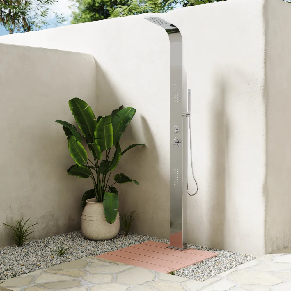 Colonna doccia da esterno cromato 3 funzioni con base in plastica effetto legno | Gincko