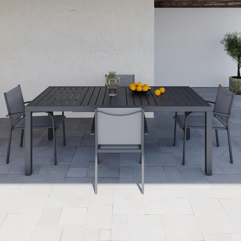 Set da esterno grigio con tavolo allungabile 200/300x75cm e 4 sedie in alluminio e textilene con braccioli tondi | Marel
