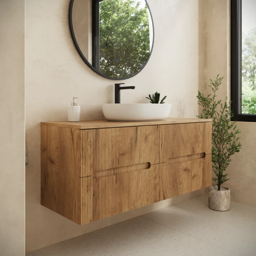 Mobile bagno sospeso 120cm quattro cassetti rovere chiaro cannettato con top | Tigua