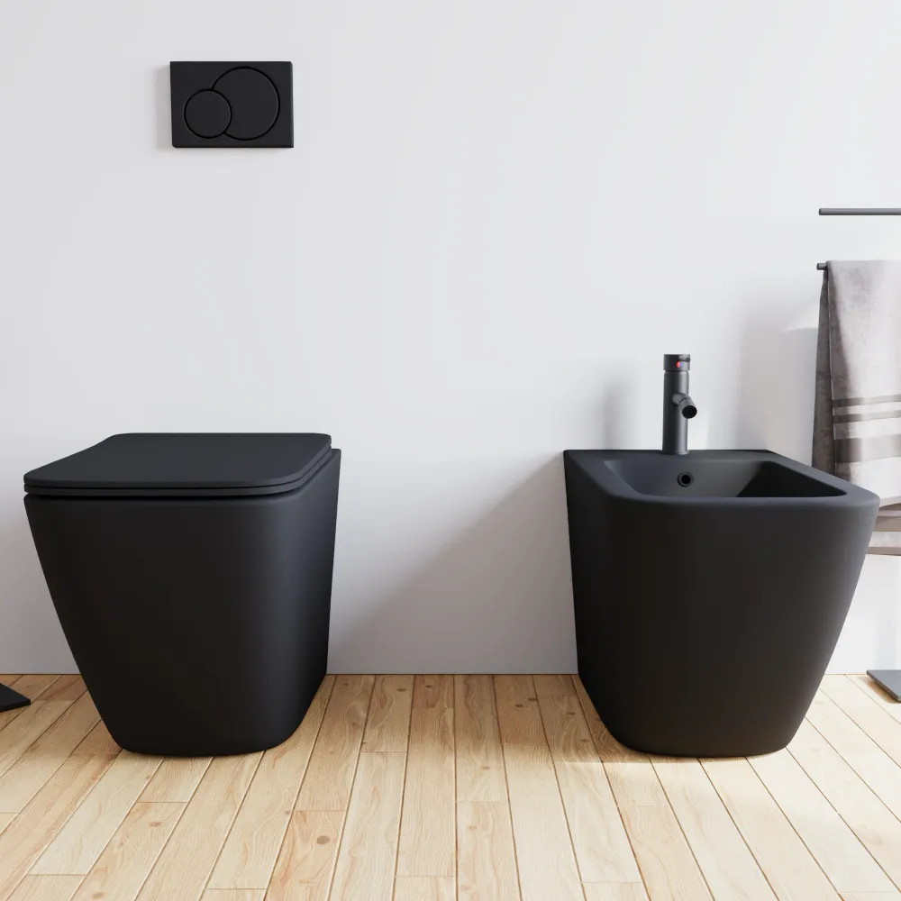 Sanitari filomuro in ceramica nero opaco vaso rimless sedile soft-close e bidet | Venezia Sanitari filomuro in ceramica nero opaco vaso rimless sedile soft-close e bidet | Venezia