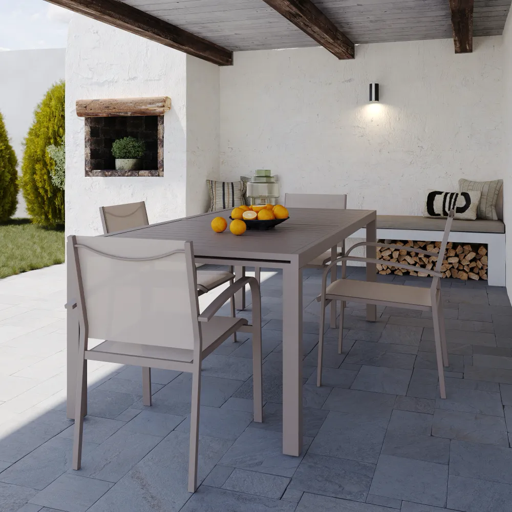 Set da esterno tortora con tavolo allungabile 200/300x75cm e 4 sedie in alluminio e textilene con braccioli tondi | Marel