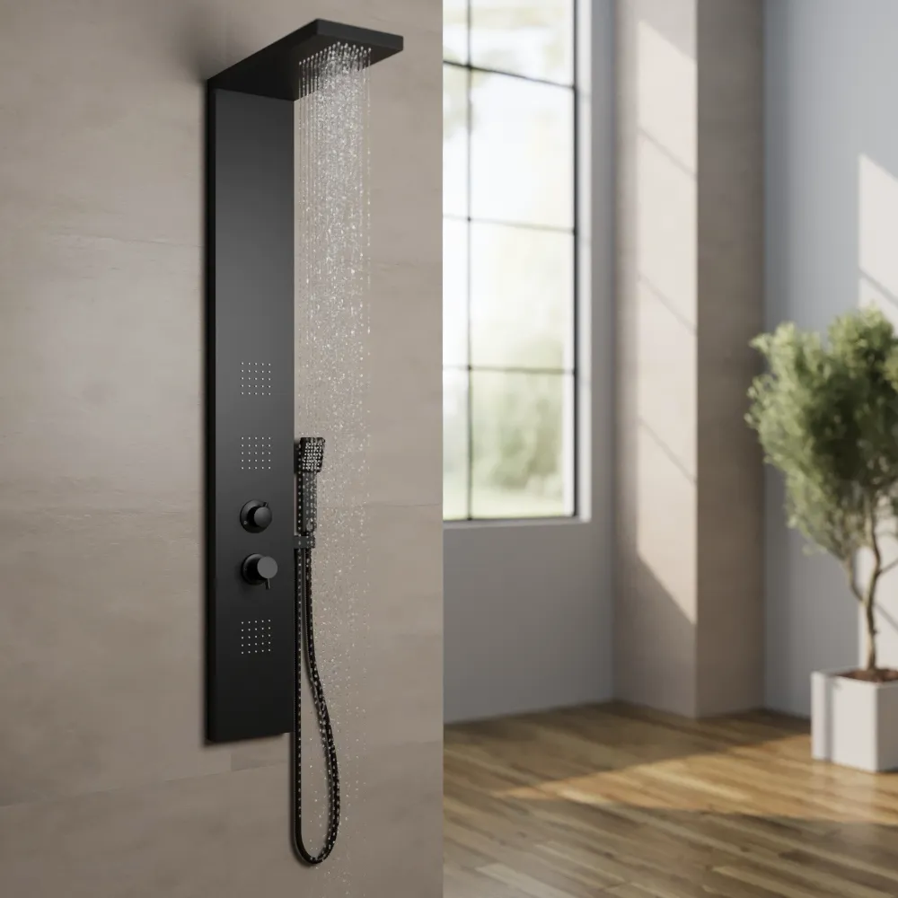 Pannello doccia squadrato in alluminio nero opaco, con doccino, 4 getti e 3 funzioni | Vals Pannello doccia squadrato in alluminio nero opaco, con doccino, 4 getti e 3 funzioni | Vals