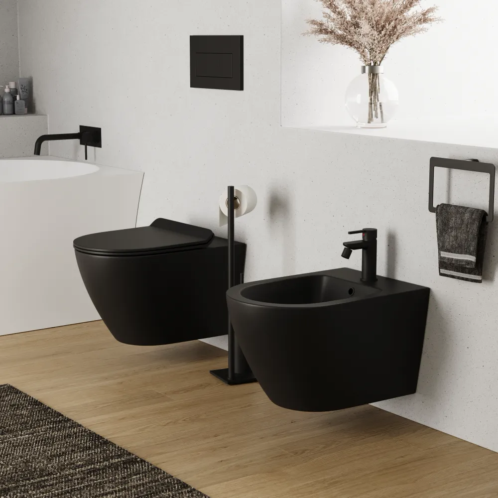 Sanitari sospesi in ceramica nero opaco vaso tornado silent flush sedile soft-close e bidet | Sydney Sanitari sospesi in ceramica nero opaco vaso tornado silent flush sedile soft-close e bidet | Sydney