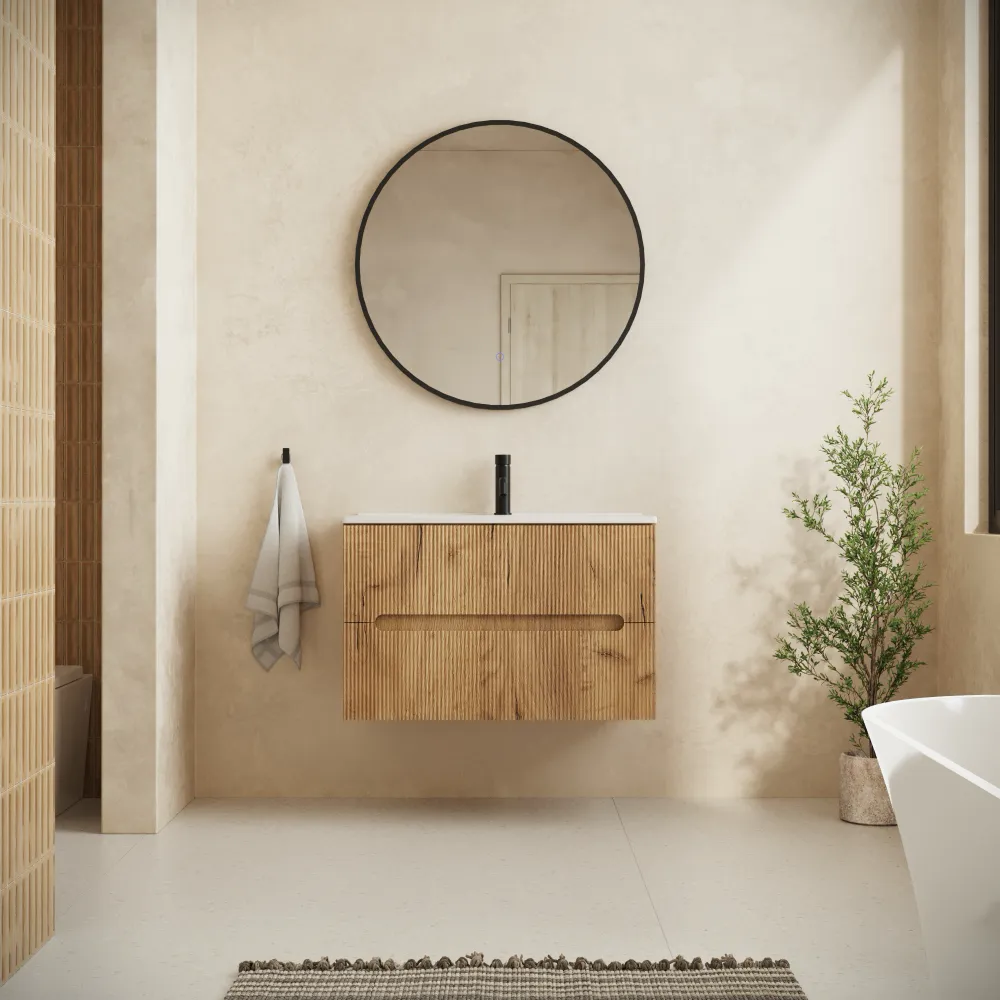 Mobile bagno sospeso 80cm due cassetti rovere chiaro cannettato con lavabo | Tigua Mobile bagno sospeso 80cm due cassetti rovere chiaro cannettato con lavabo | Tigua