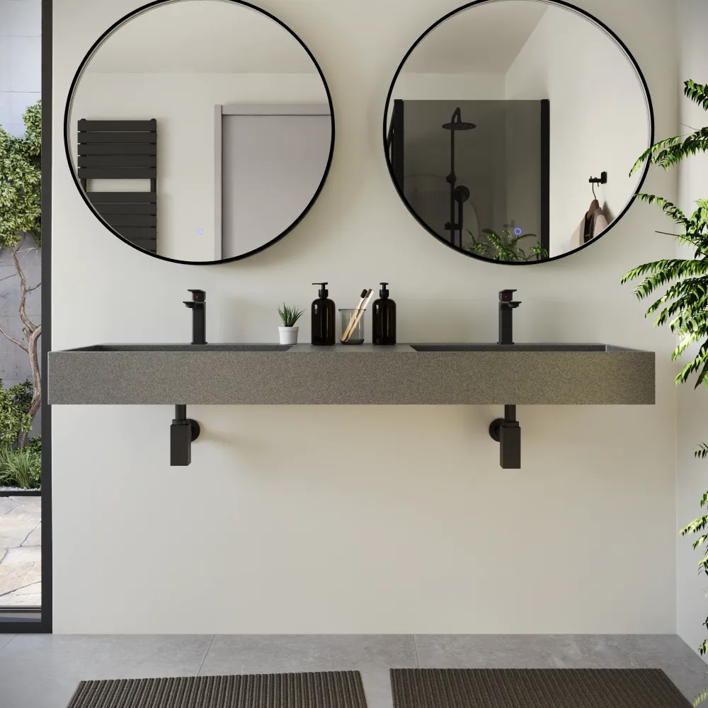 Lavabo sospeso doppia vasca a muro rettangolare 150x48x13 cm in microcemento grigio | Tasman Lavabo sospeso doppia vasca a muro rettangolare 150x48x13 cm in microcemento grigio | Tasman