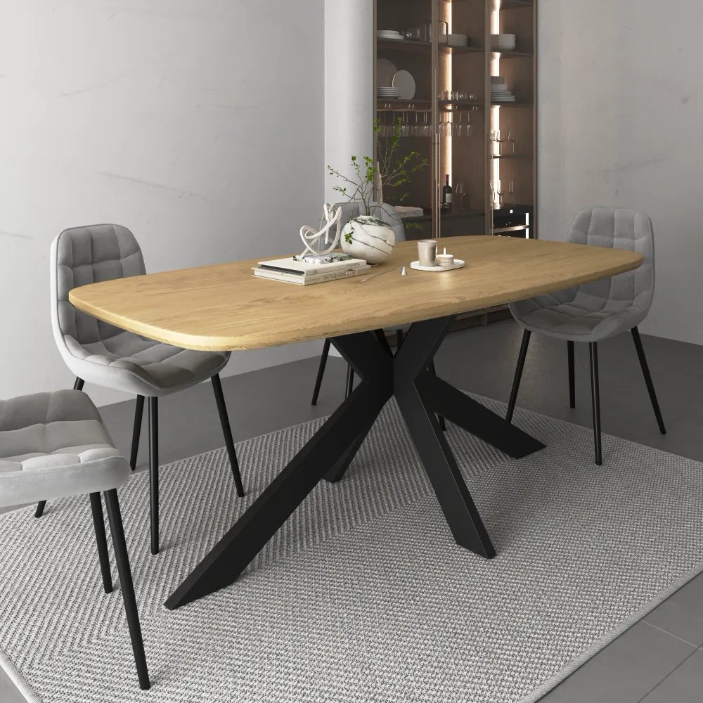 Tavolo ovale 200x100cm top in MDF effetto rovere chiaro e gambe in acciaio incrociate nero | Tove