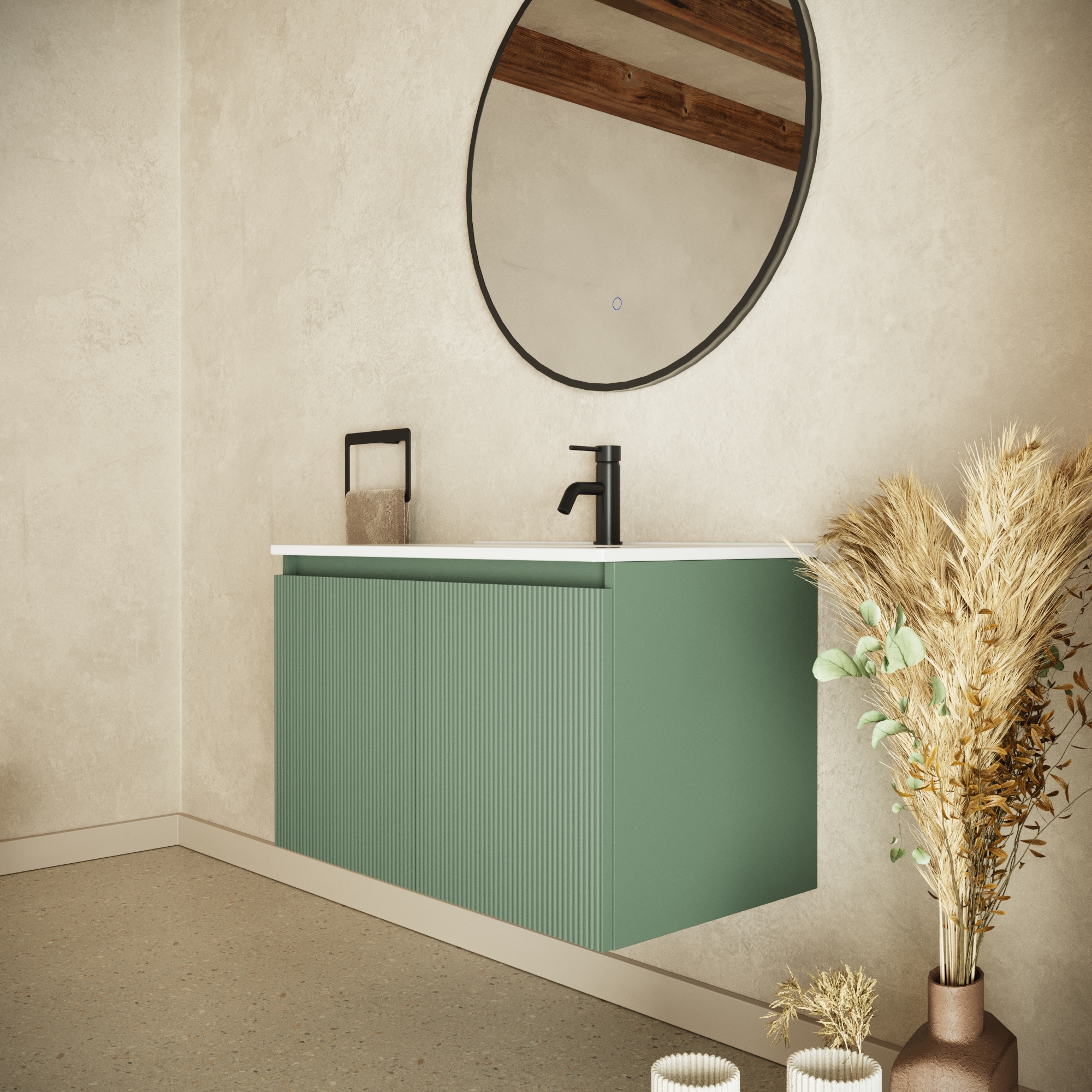 Mobile bagno sospeso 60cm due ante verde foresta cannettato con lavabo bianco lucido | Pelion