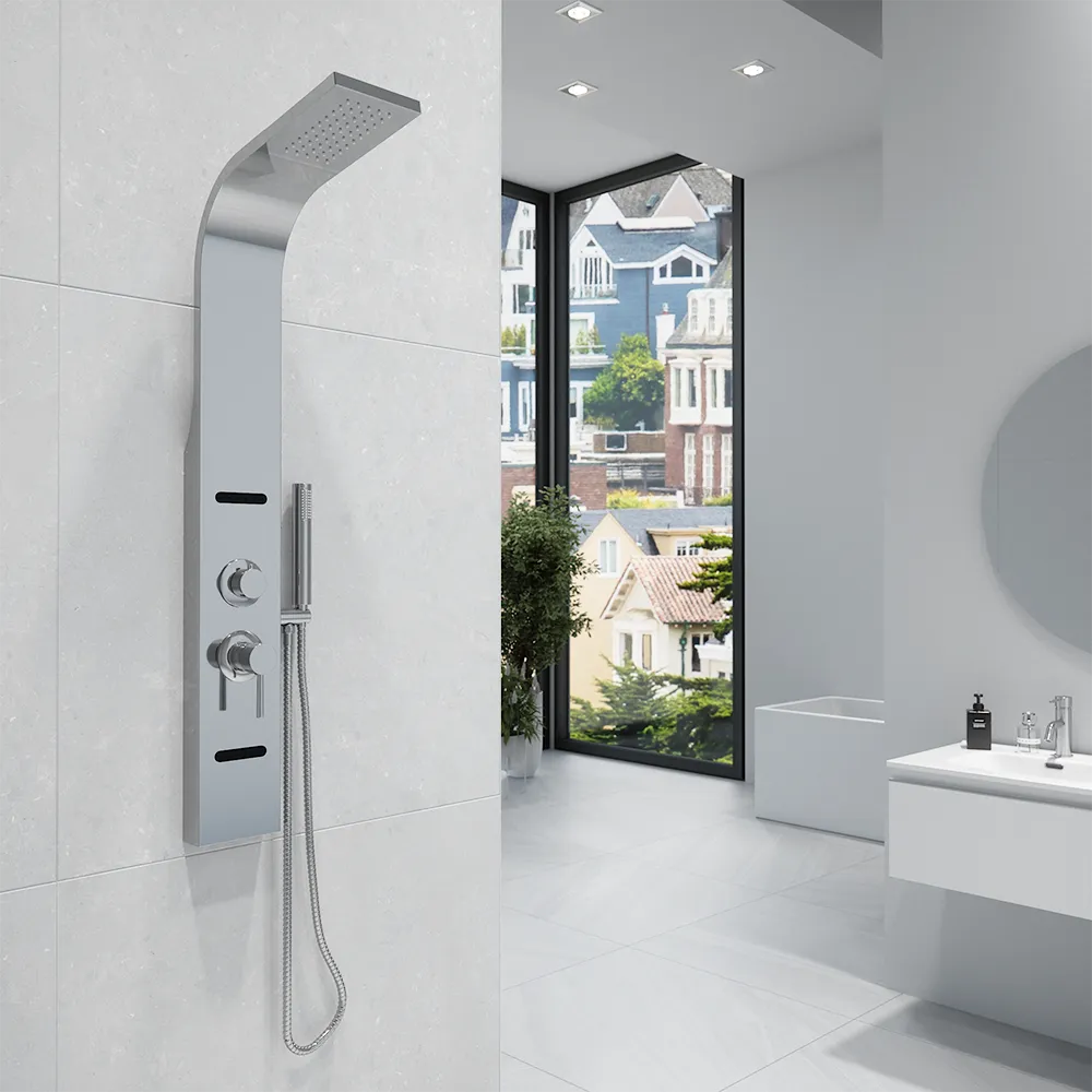 Pannello doccia 113x14cm in acciaio spazzolato a 3 funzioni con doccino e flessibile | Nilo Pannello doccia 113x14cm in acciaio spazzolato a 3 funzioni con doccino e flessibile | Nilo