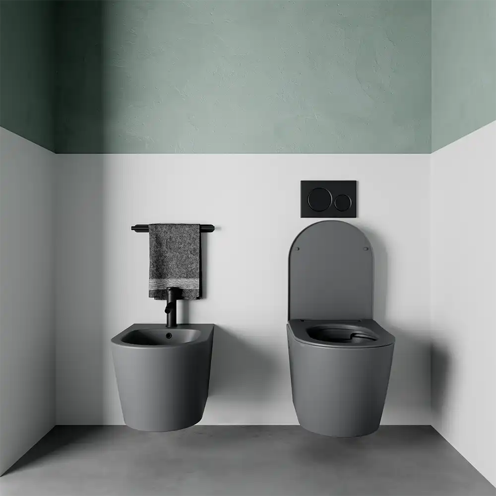 Sanitari sospesi in ceramica rimless grigio opaco: vaso, bidet e copriwc soft-close | Vienna Sanitari sospesi in ceramica rimless grigio opaco: vaso, bidet e copriwc soft-close | Vienna