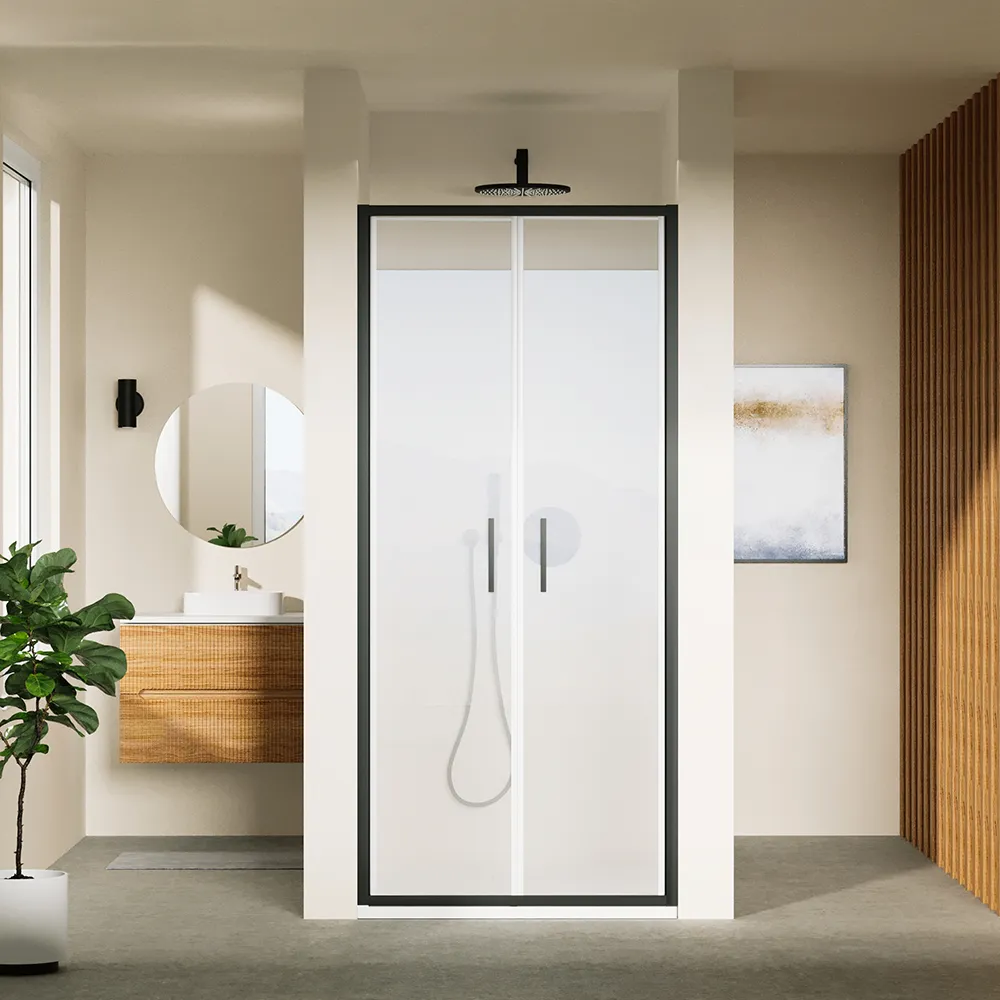 Porta doccia 90cm con apertura saloon profili slim nero opaco vetro 6mm trasparente h190 | Portofino Porta doccia 90cm con apertura saloon profili slim nero opaco vetro 6mm trasparente h190 | Portofino