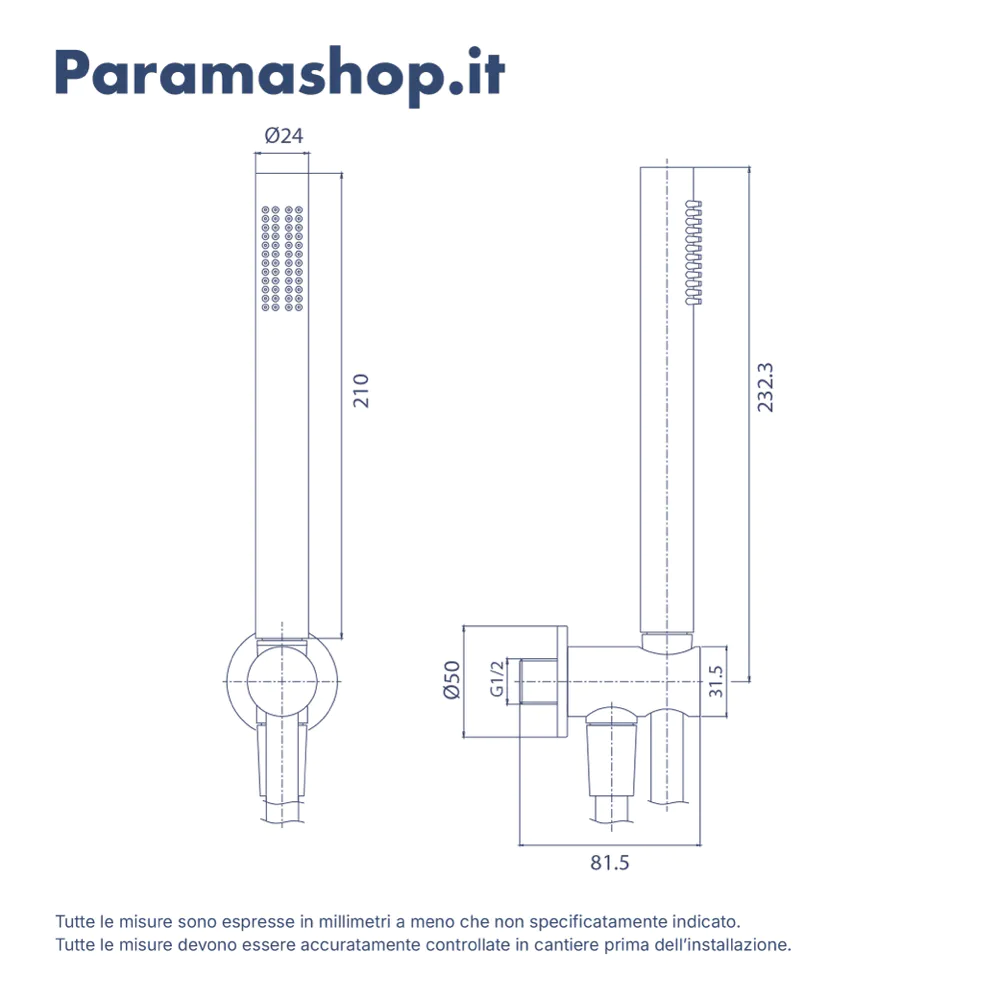 Kit doccia tondo nero opaco: doccino, flessibile 150cm e presa acqua con supporto