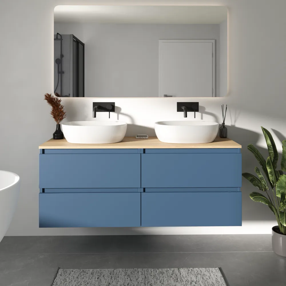 Mobile bagno sospeso 140cm quattro cassetti alby blue con top rovere chiaro | Hexa